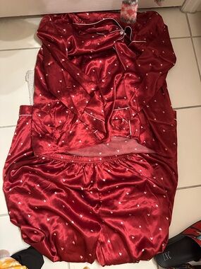 Red Silky Pajamas with White Heart Print